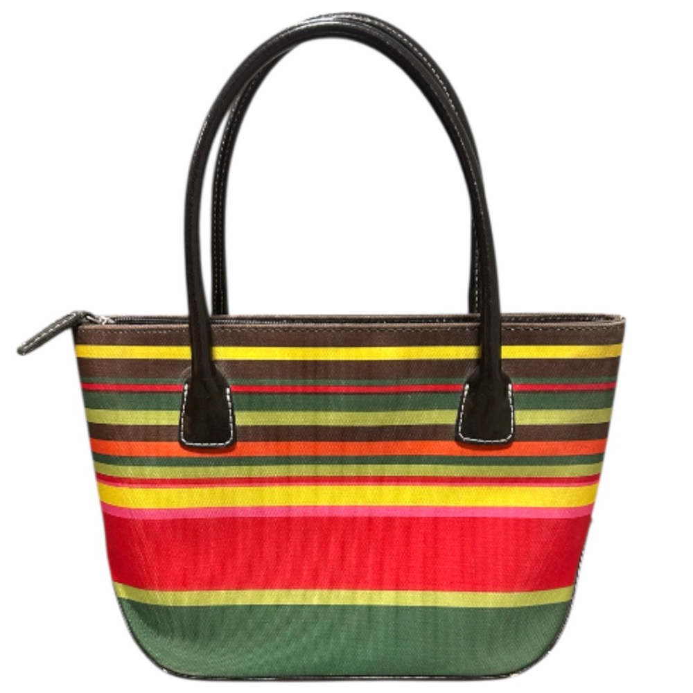 Vintage 90s Iconic Kate Spade Striped Canvas and Leather Shoulder Bag Handbag - Picture 2 of 8